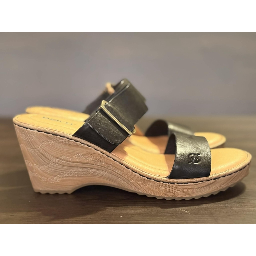 Born Women's Emily LEATHER Buckle Straps Wedge Mule Sandals 10 M BLACK - Picture 6 of 15